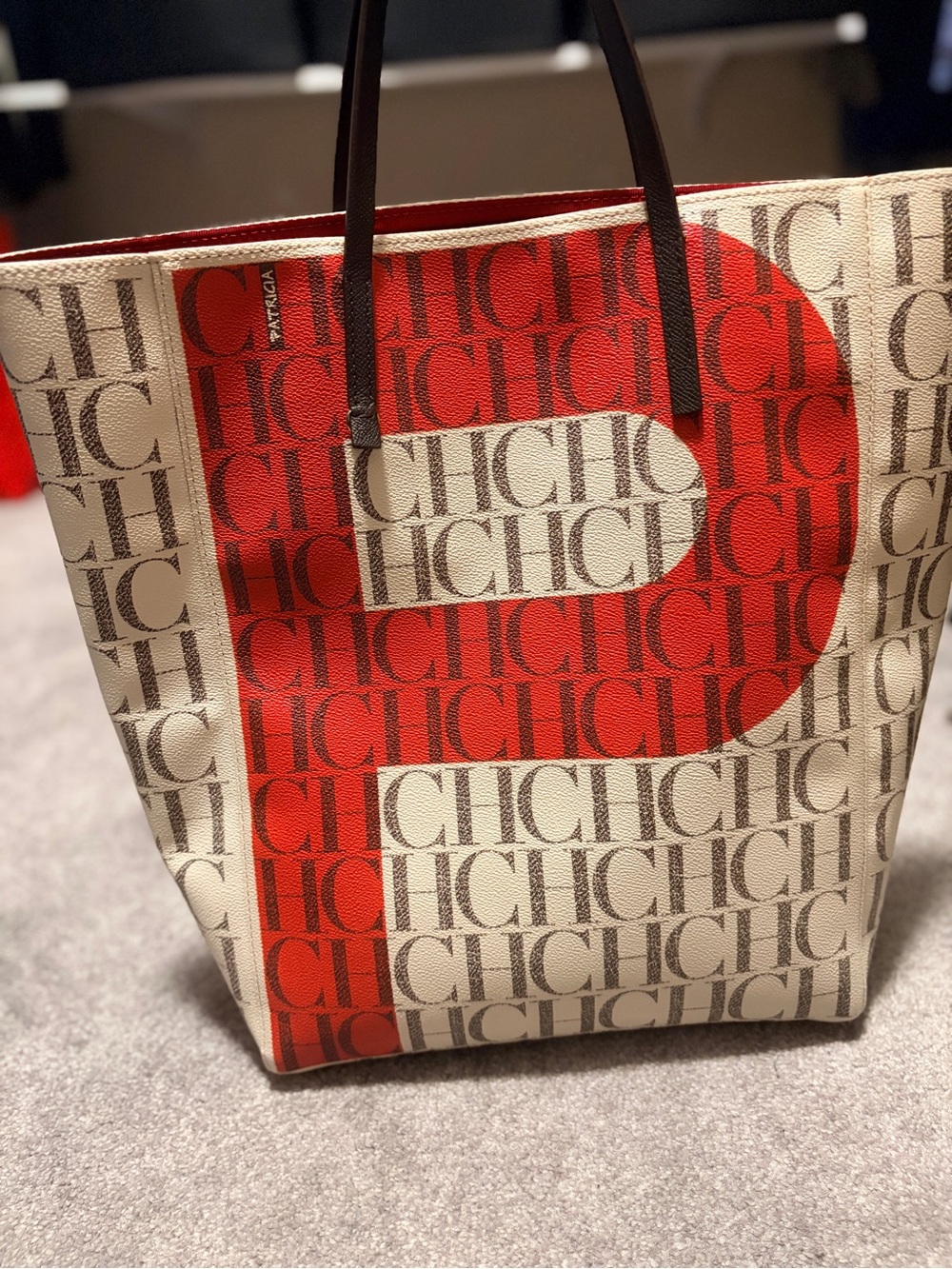 Carolina Herrera Cream Tote with Bold Red Logo Print